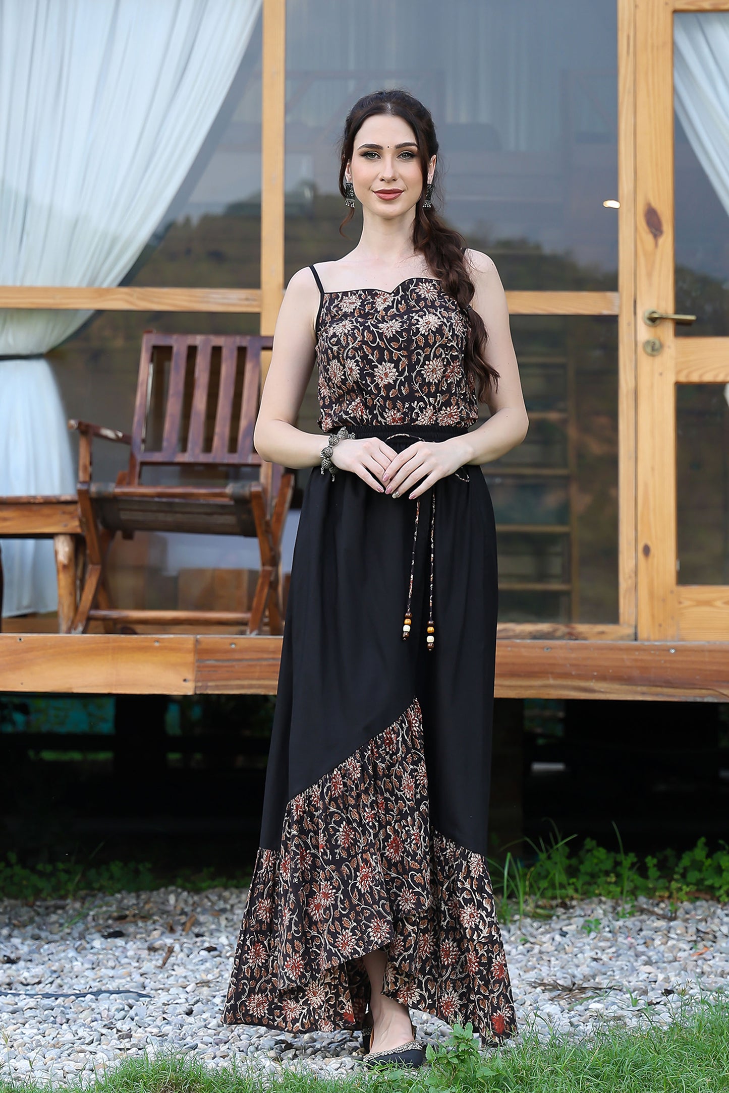 Black Bagru Asymmetrical Skirt Set