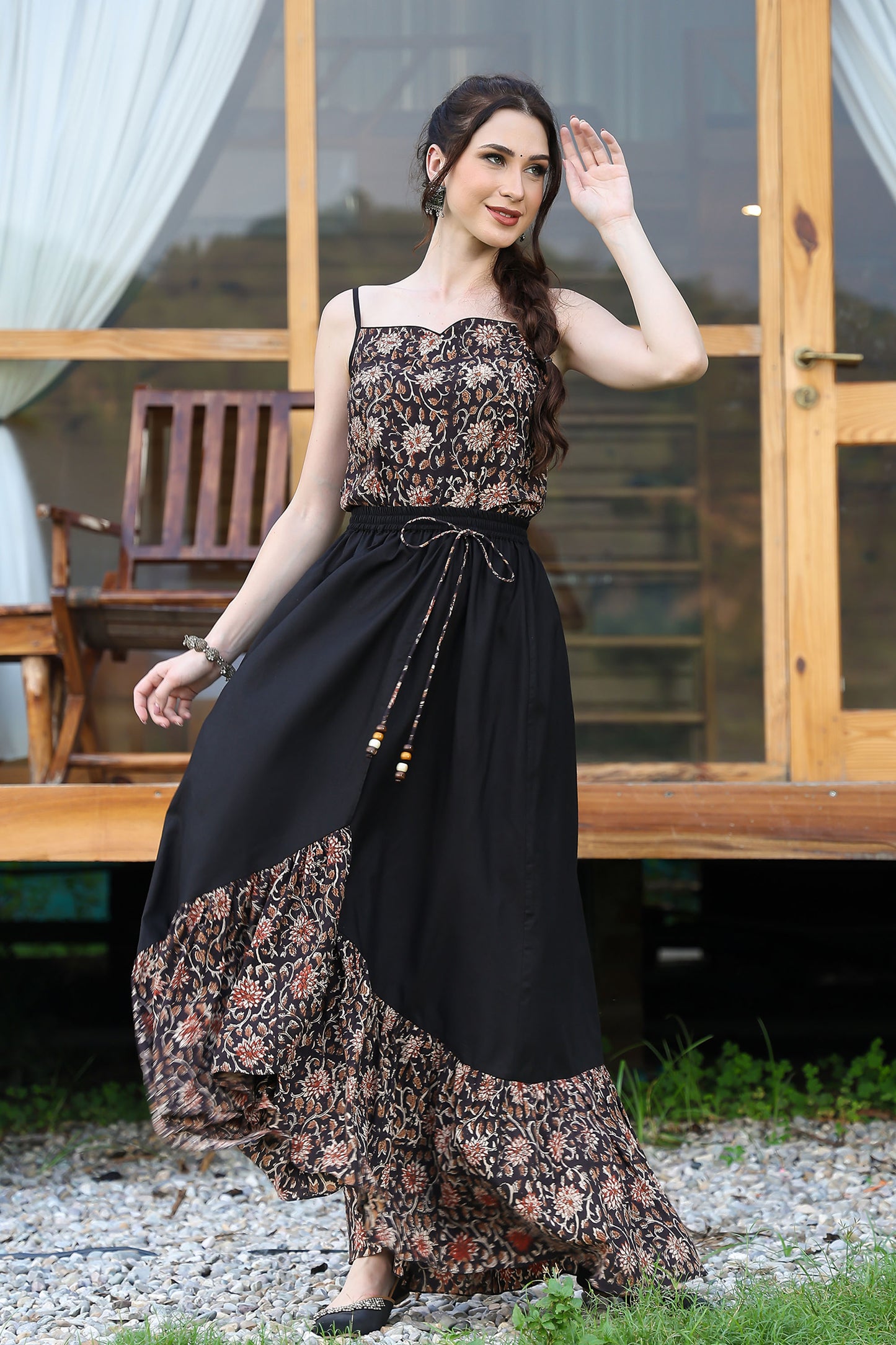 Black Bagru Asymmetrical Skirt Set