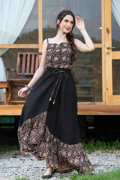 Black Bagru Asymmetrical Skirt Set
