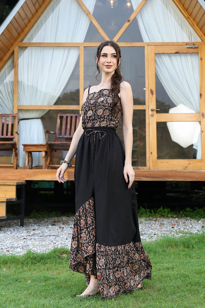 Black Bagru Asymmetrical Skirt Set