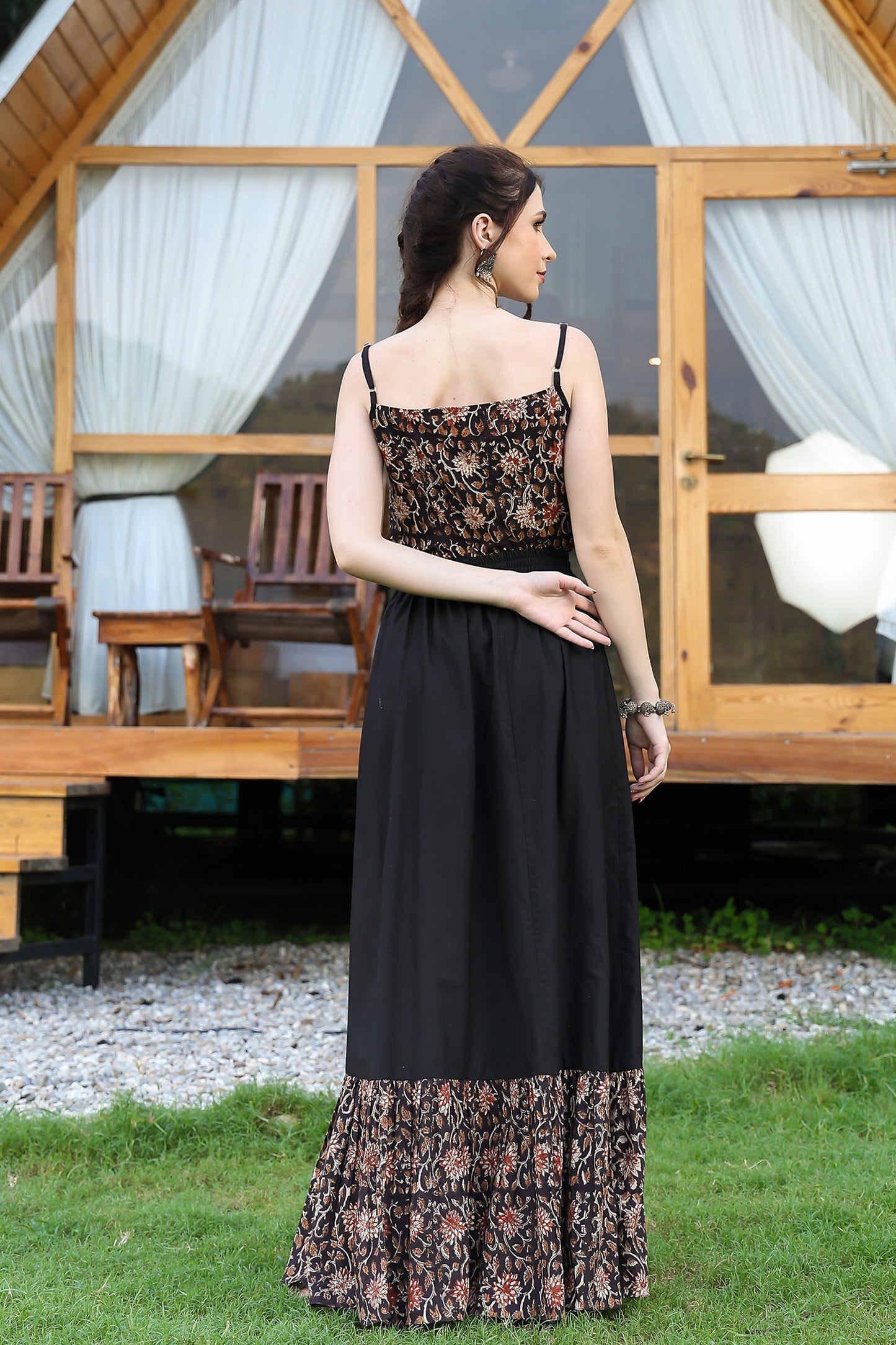 Black Bagru Asymmetrical Skirt Set