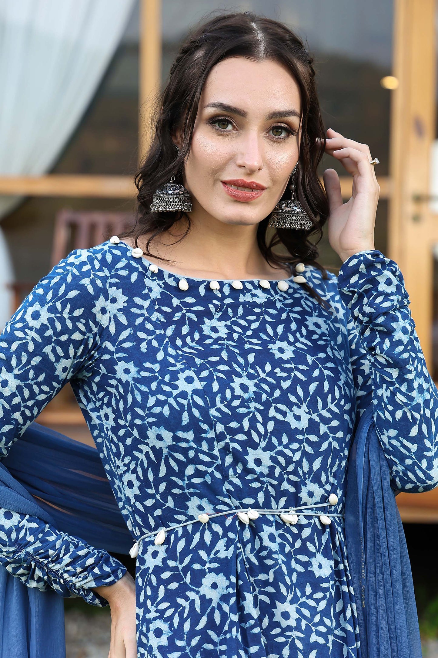 Indigo Churidar Suit Set With Chiffon Seashell Duppatta