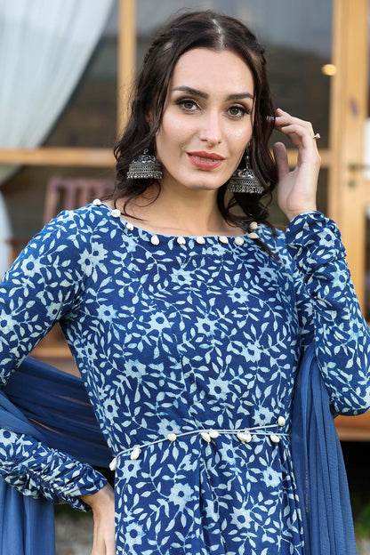 Indigo Churidar Suit Set With Chiffon Seashell Duppatta