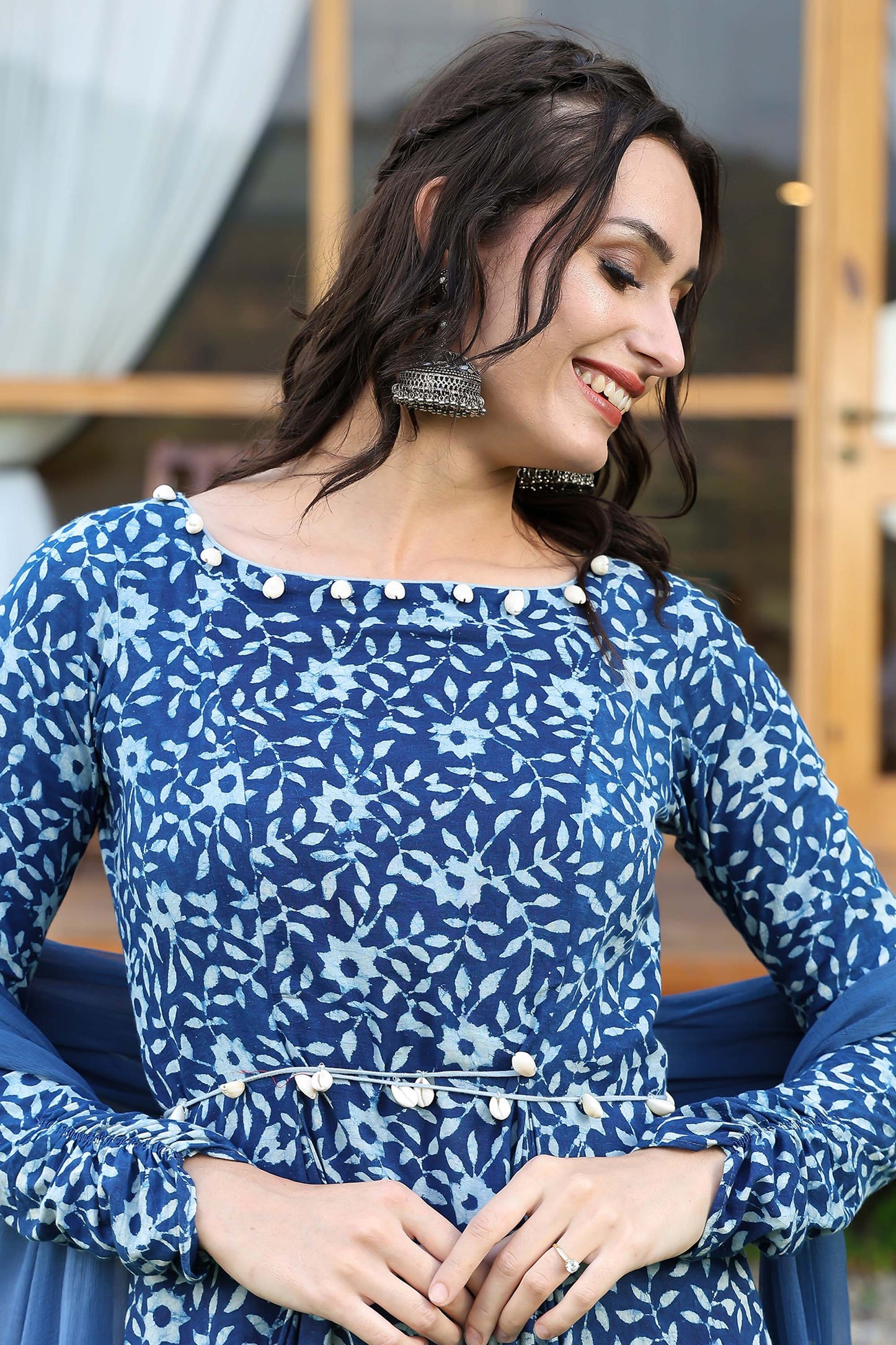 Indigo Churidar Suit Set With Chiffon Seashell Duppatta