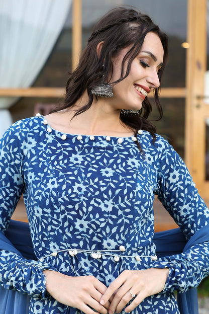 Indigo Churidar Suit Set With Chiffon Seashell Duppatta