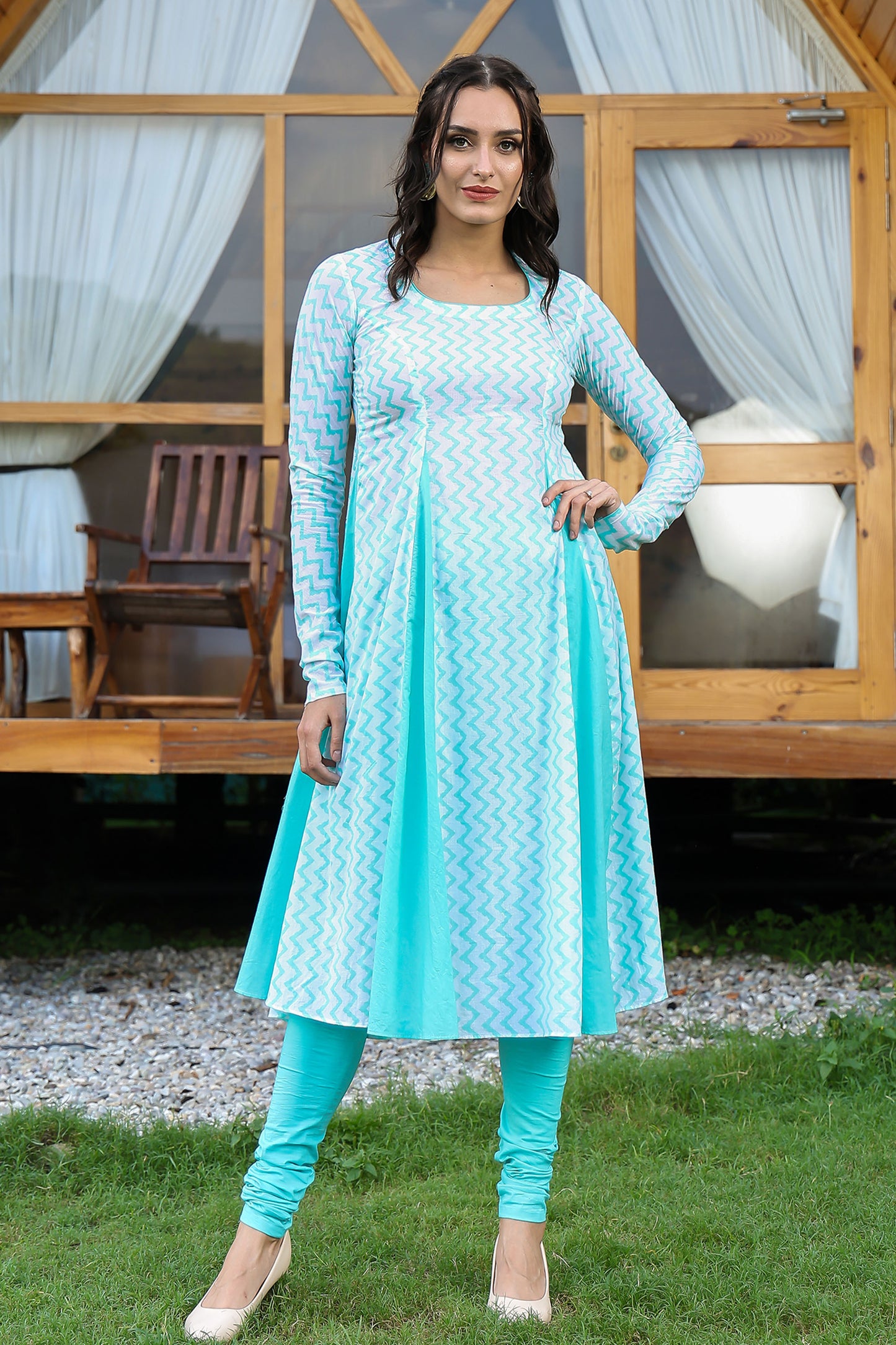 Sea Green Matka Neck Anarkali Suit Set With Leheriya Duppatta