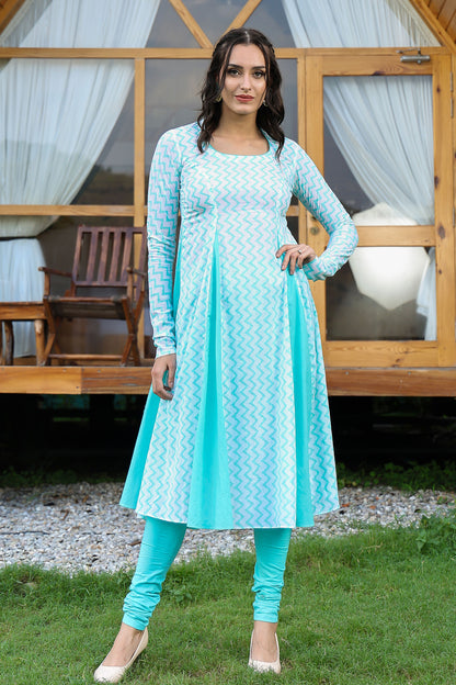 Sea Green Matka Neck Anarkali Suit Set With Leheriya Duppatta