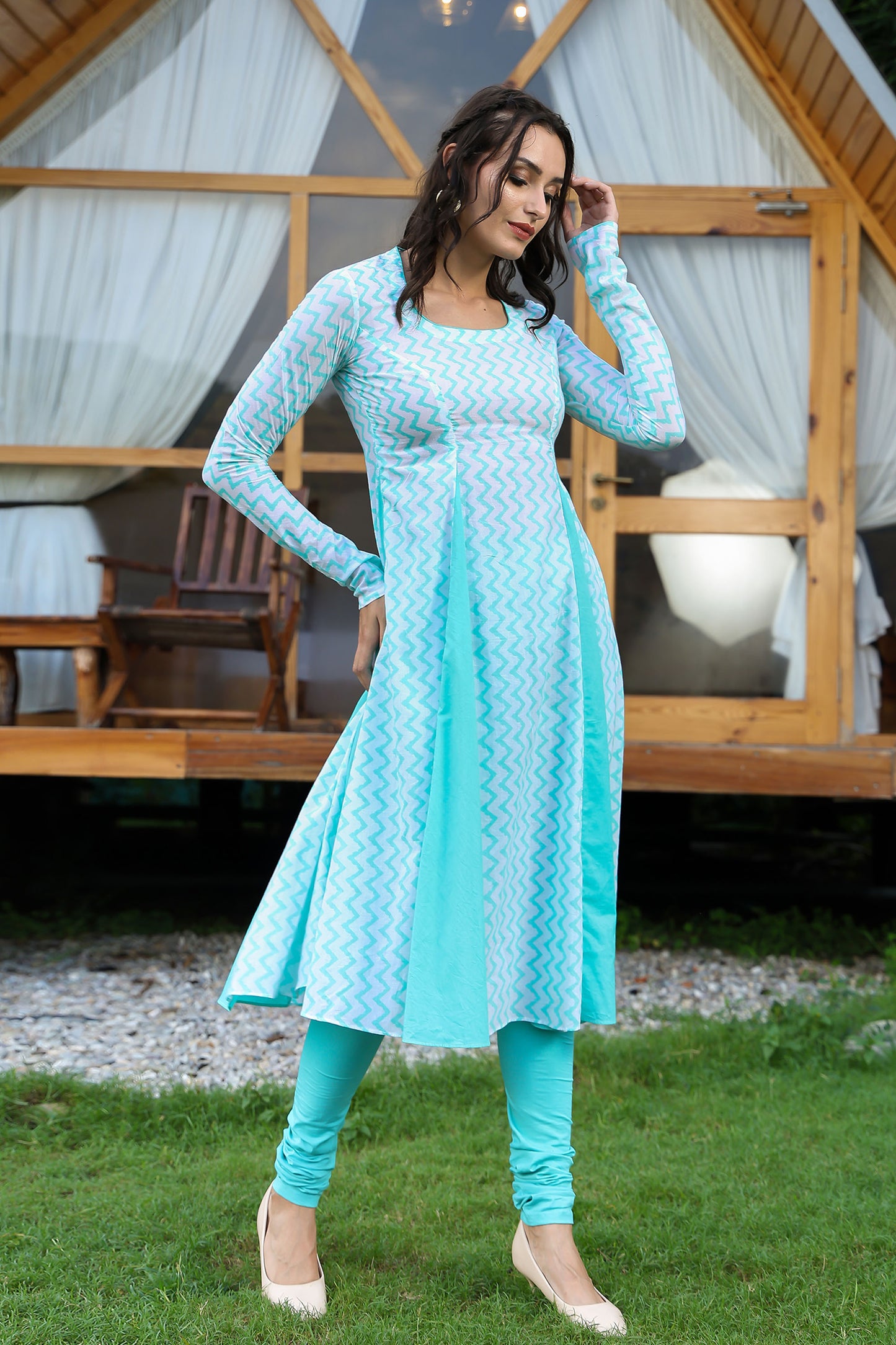 Sea Green Matka Neck Anarkali Suit Set With Leheriya Duppatta
