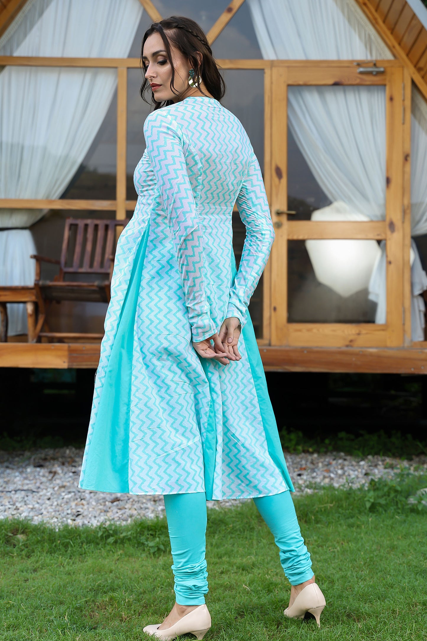 Sea Green Matka Neck Anarkali Suit Set With Leheriya Duppatta