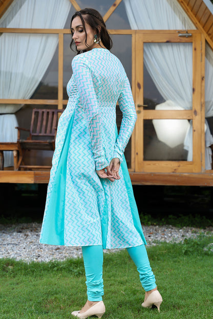 Sea Green Matka Neck Anarkali Suit Set With Leheriya Duppatta