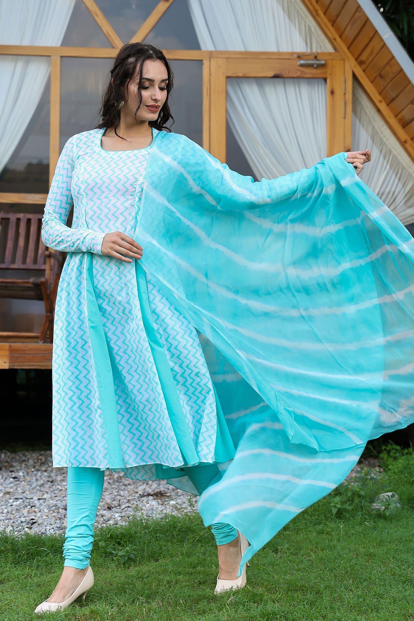 Sea Green Matka Neck Anarkali Suit Set With Leheriya Duppatta