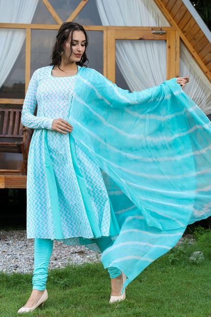 Sea Green Matka Neck Anarkali Suit Set With Leheriya Duppatta