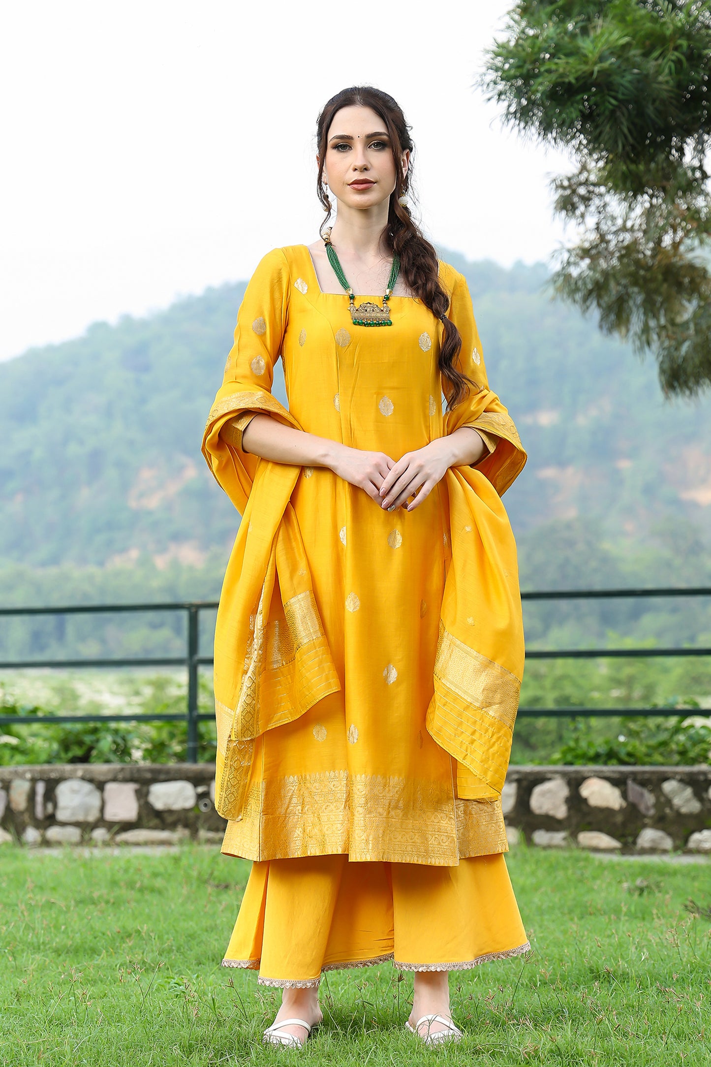 Banarasi Cupro Yarn Yellow Suit Set
