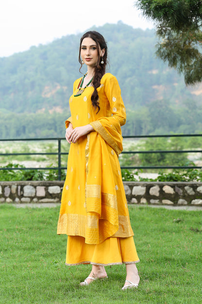 Banarasi Cupro Yarn Yellow Suit Set