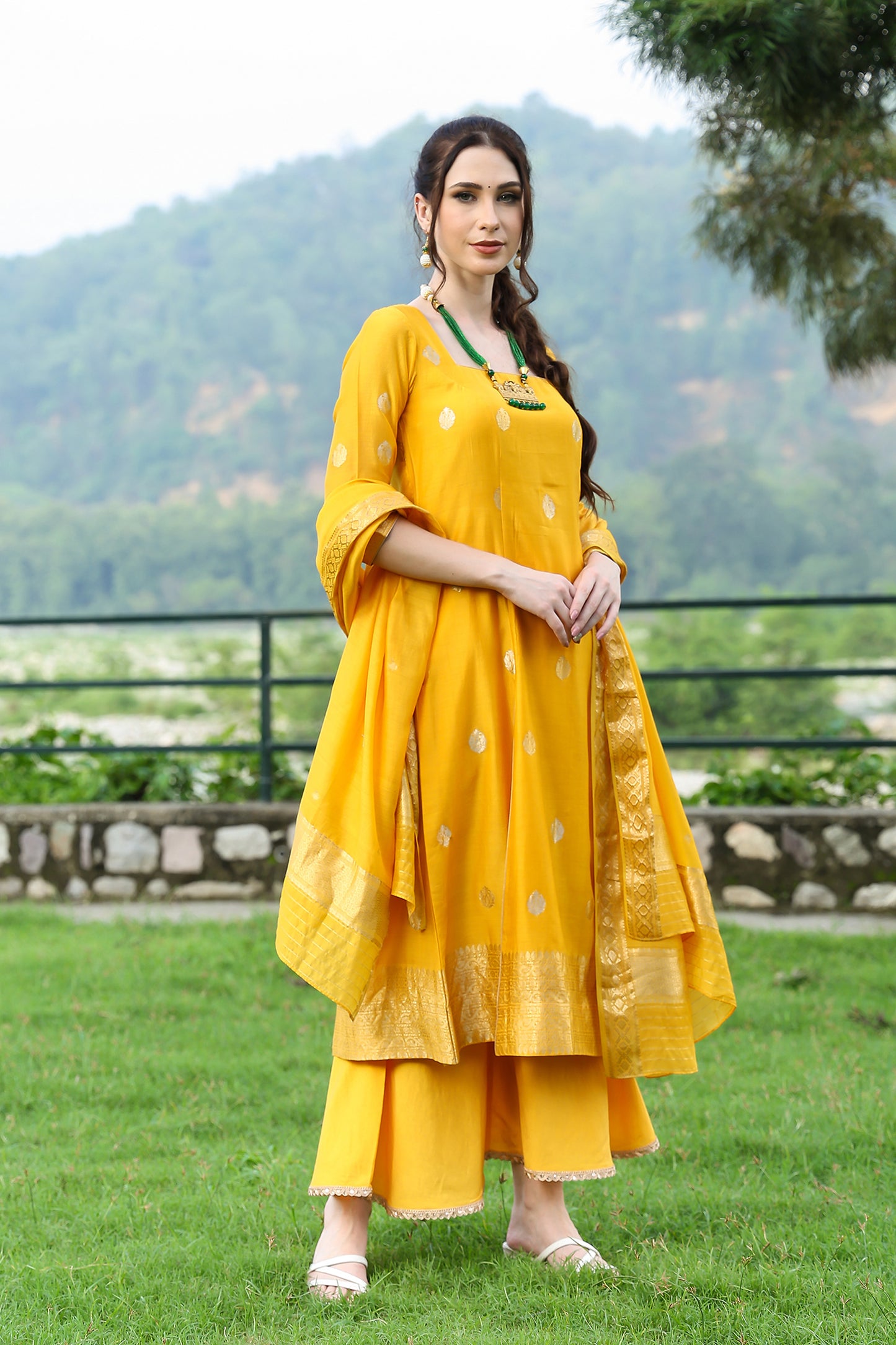 Banarasi Cupro Yarn Yellow Suit Set