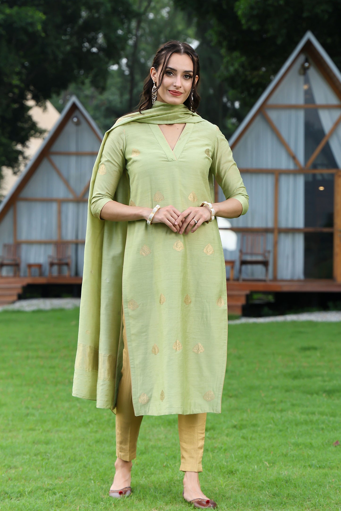 Pista Green Banarasi Handloom Munga Silk Suit Set