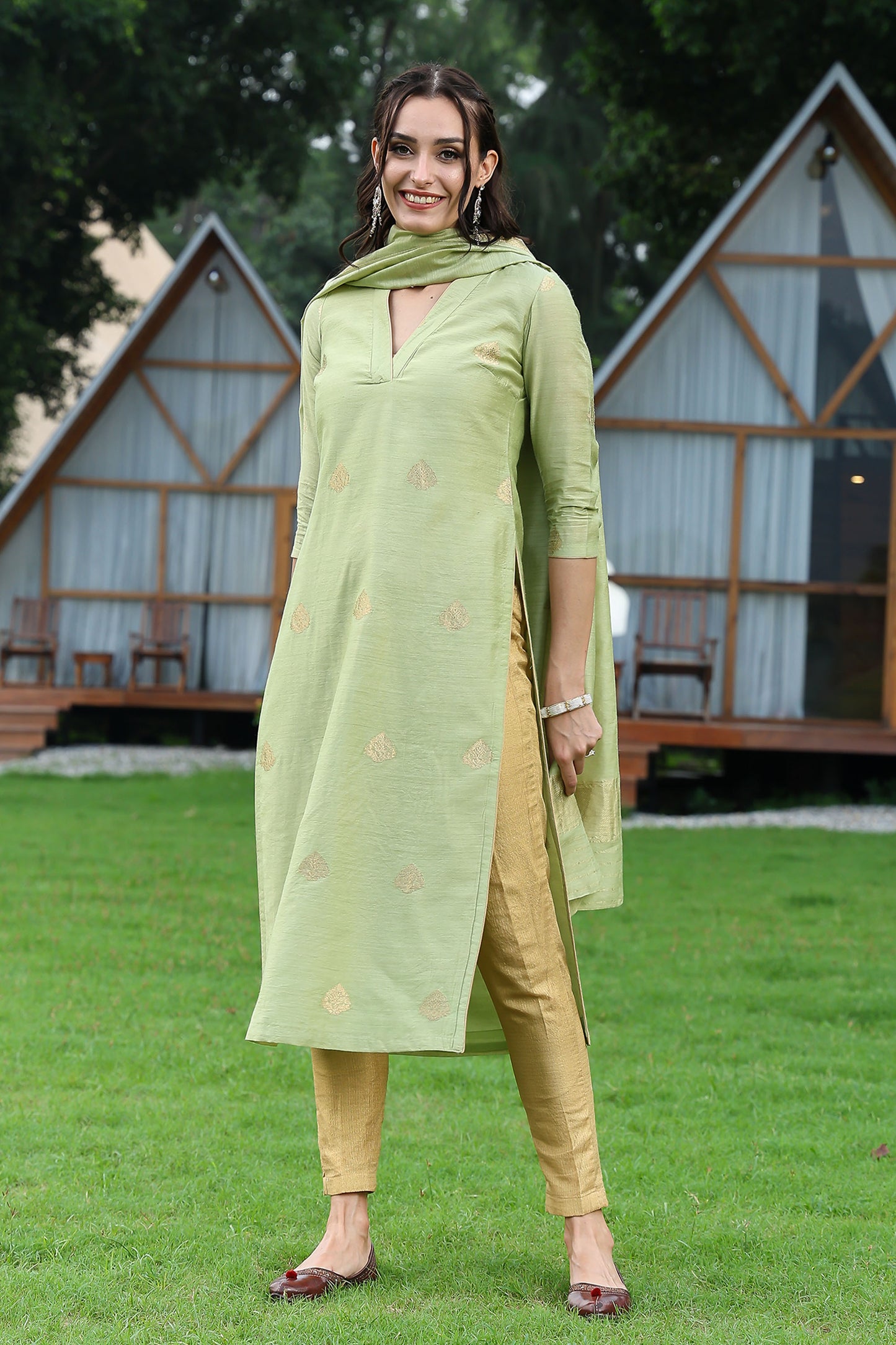 Pista Green Banarasi Handloom Munga Silk Suit Set
