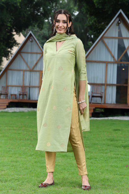 Pista Green Banarasi Handloom Munga Silk Suit Set