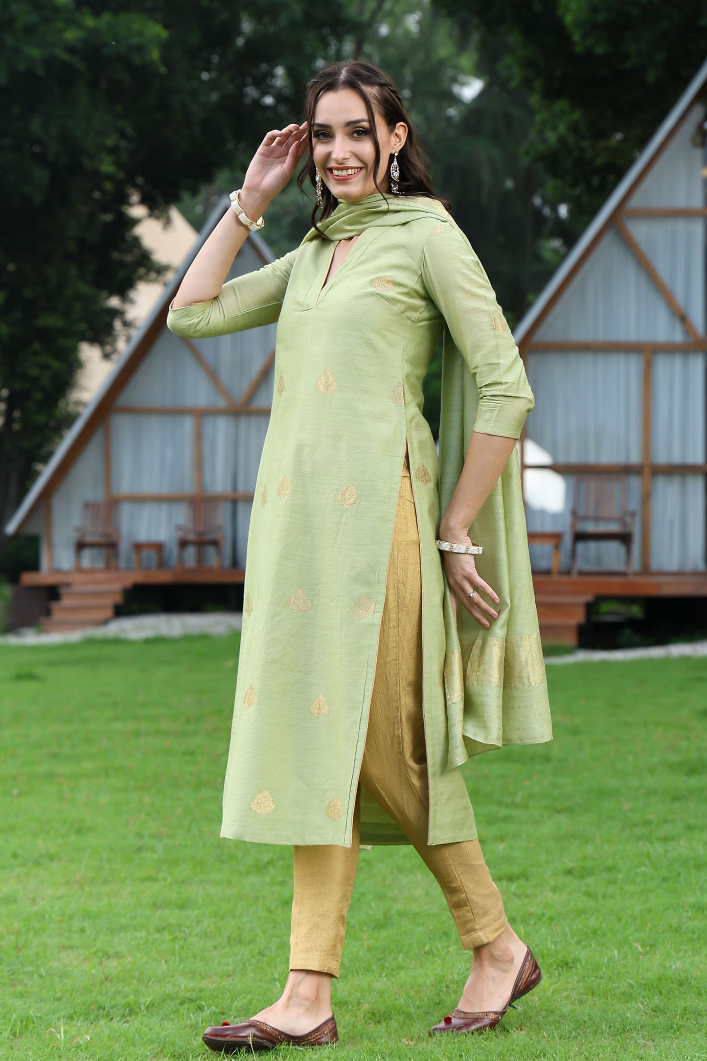 Pista Green Banarasi Handloom Munga Silk Suit Set