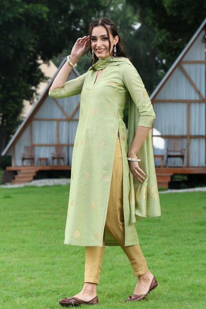 Pista Green Banarasi Handloom Munga Silk Suit Set