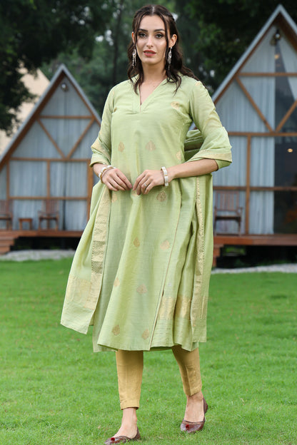 Pista Green Banarasi Handloom Munga Silk Suit Set