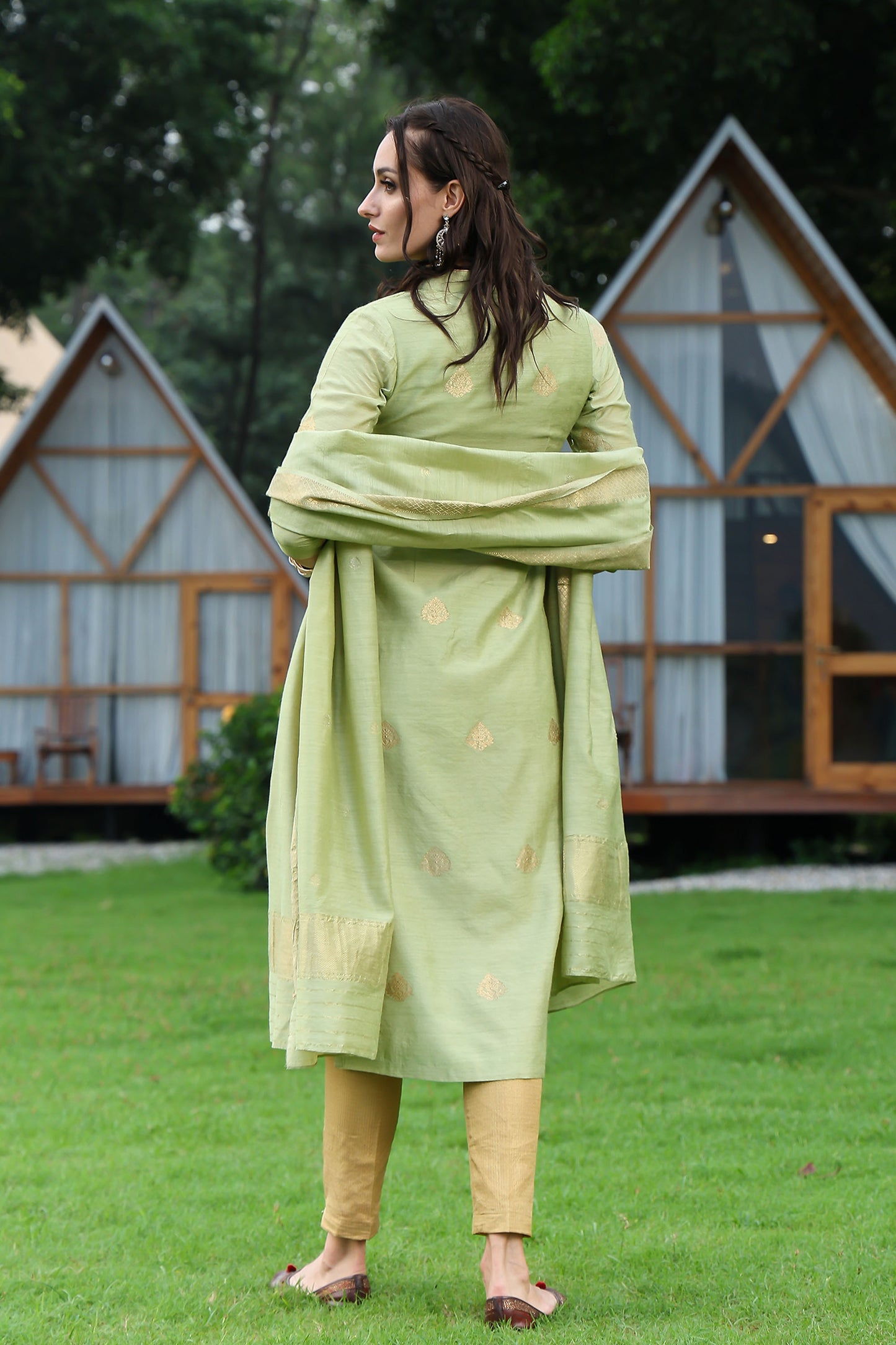 Pista Green Banarasi Handloom Munga Silk Suit Set