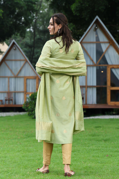 Pista Green Banarasi Handloom Munga Silk Suit Set