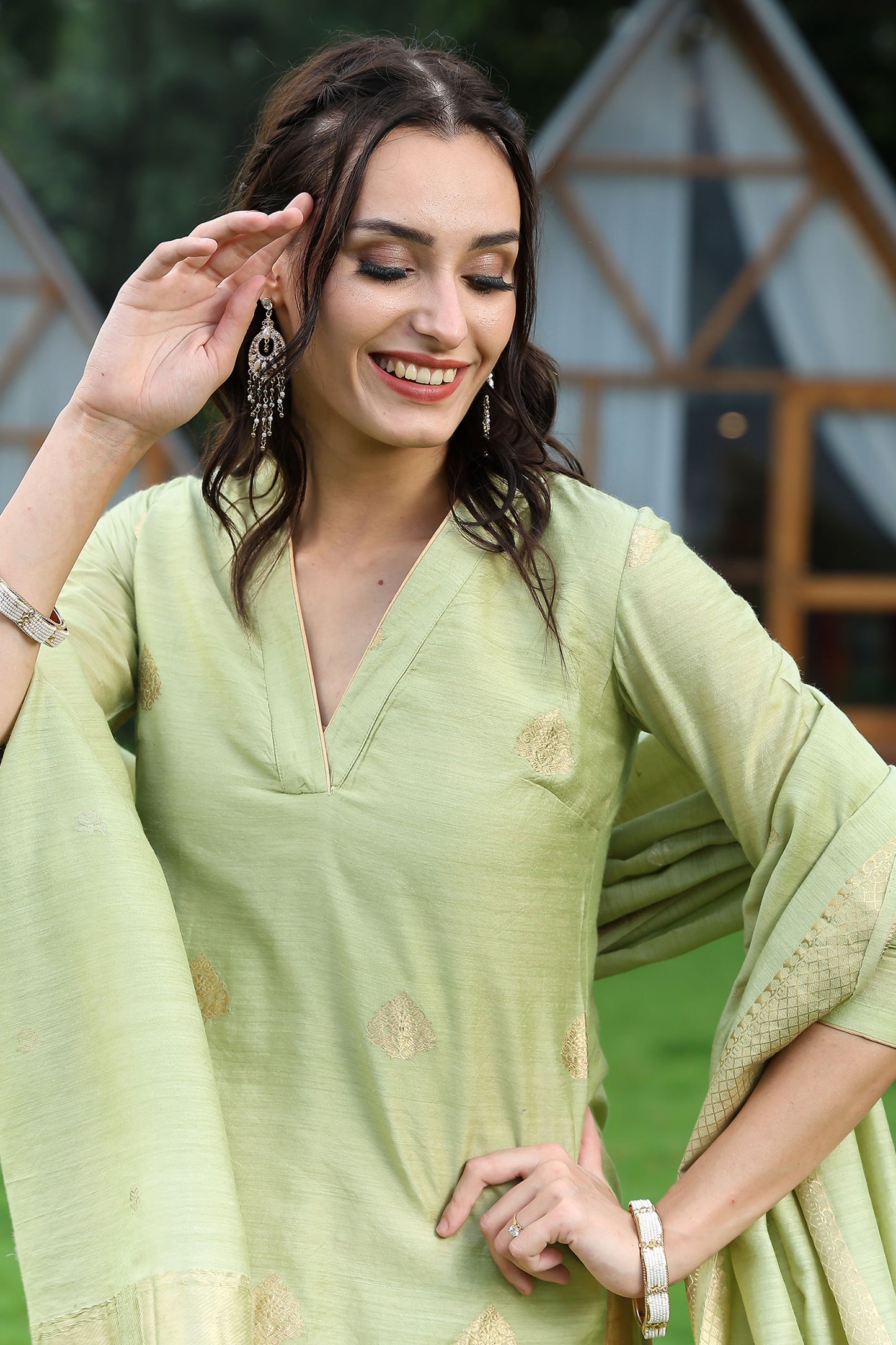 Pista Green Banarasi Handloom Munga Silk Suit Set