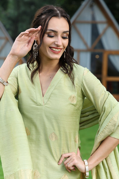 Pista Green Banarasi Handloom Munga Silk Suit Set