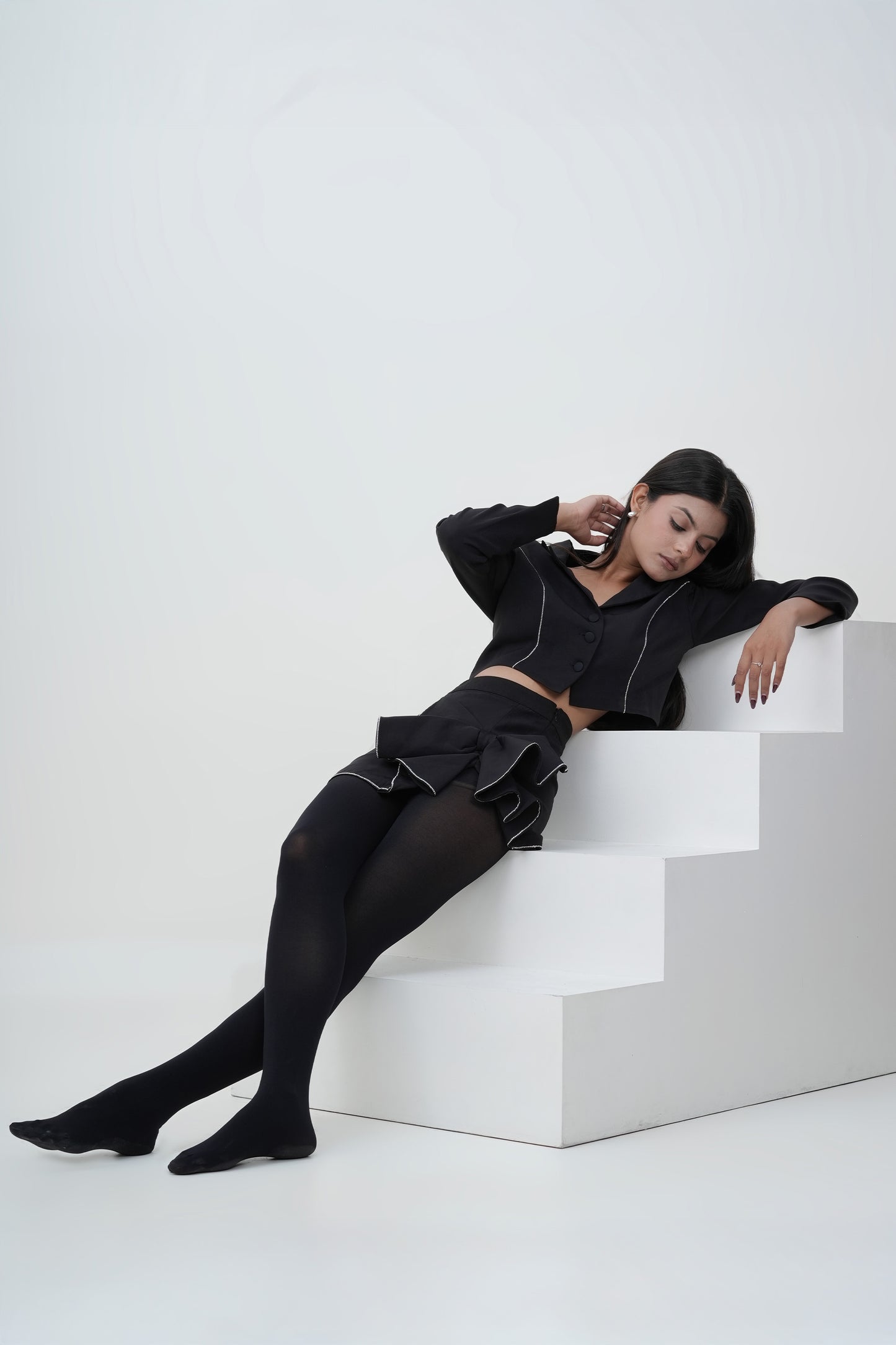 Uptown Chic Black Banana Crepe Blazer And Bow Skirt Set