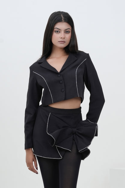Uptown Chic Black Banana Crepe Blazer And Bow Skirt Set