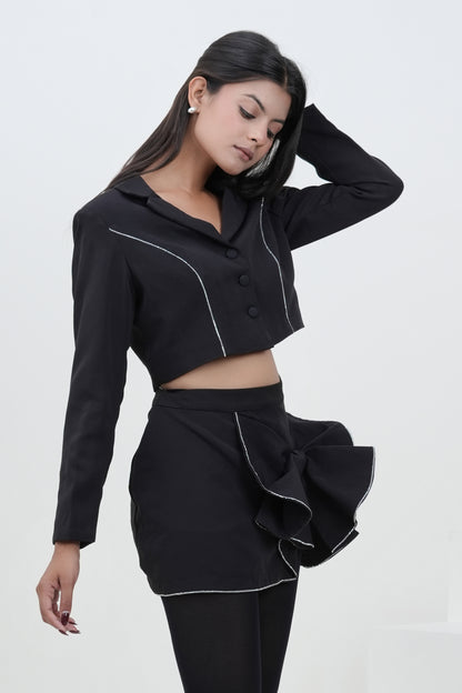 Uptown Chic Black Banana Crepe Blazer And Bow Skirt Set
