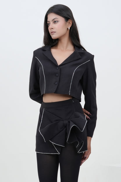 Uptown Chic Black Banana Crepe Blazer And Bow Skirt Set