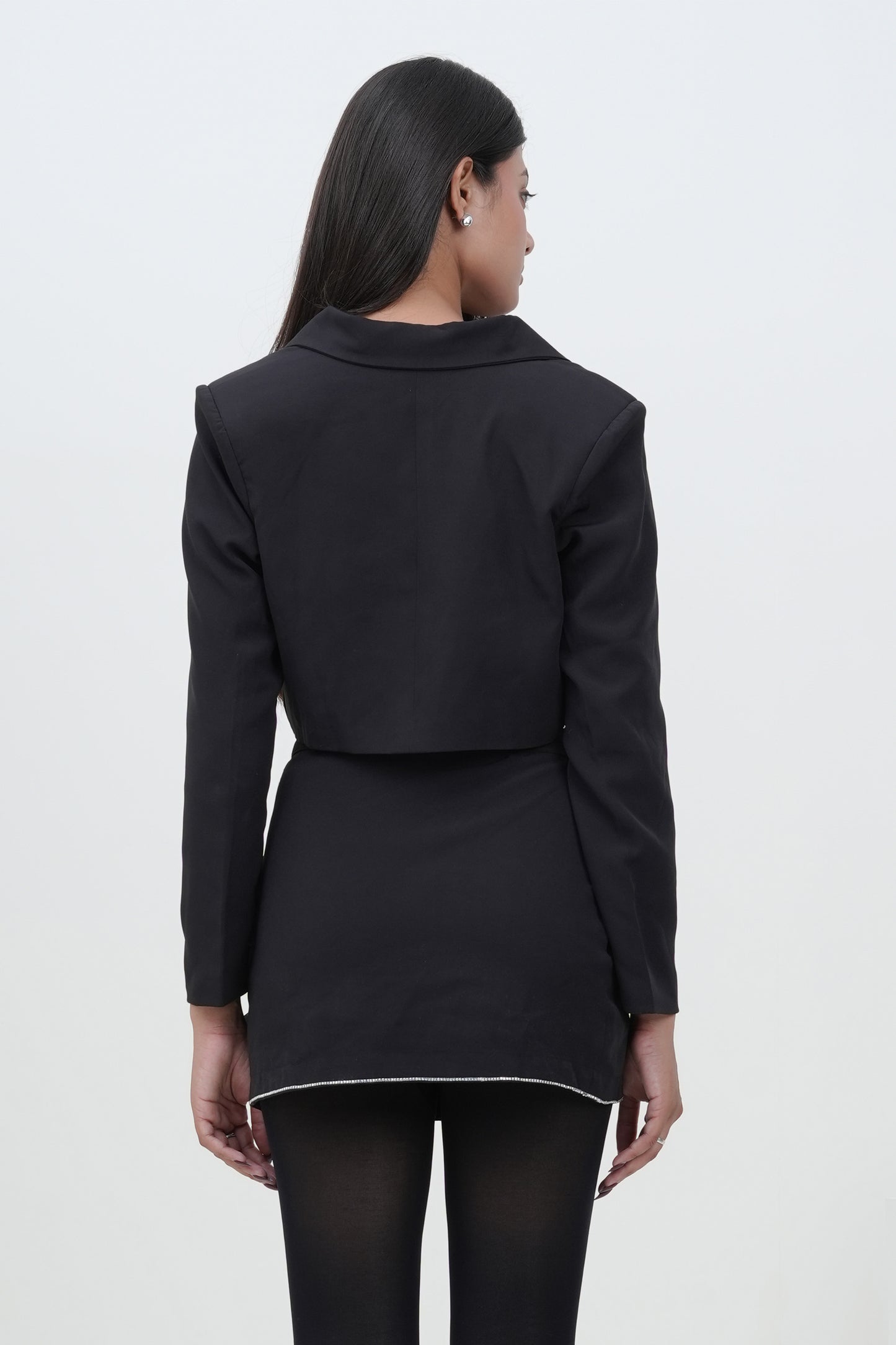 Uptown Chic Black Banana Crepe Blazer And Bow Skirt Set