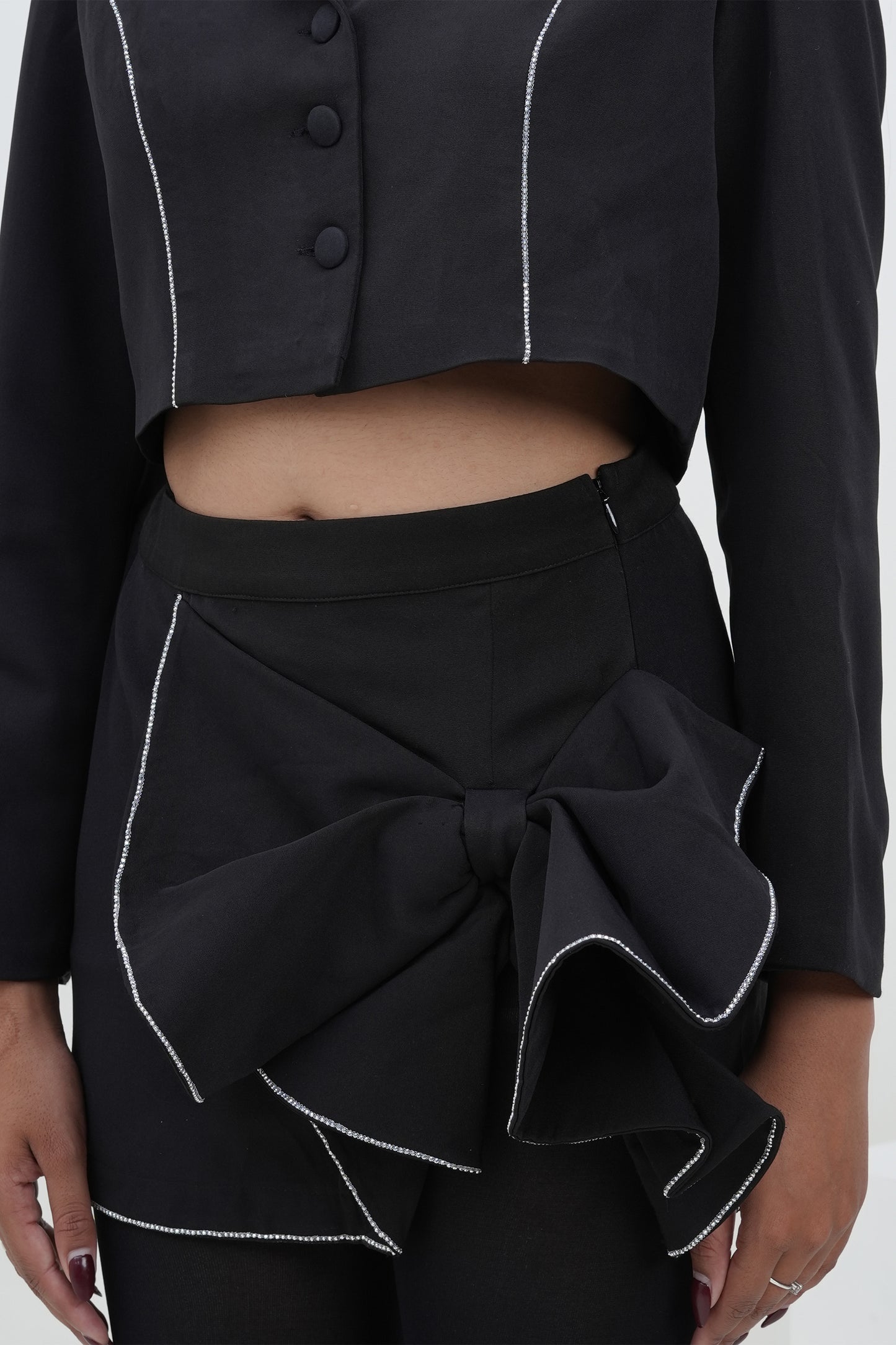 Uptown Chic Black Banana Crepe Blazer And Bow Skirt Set
