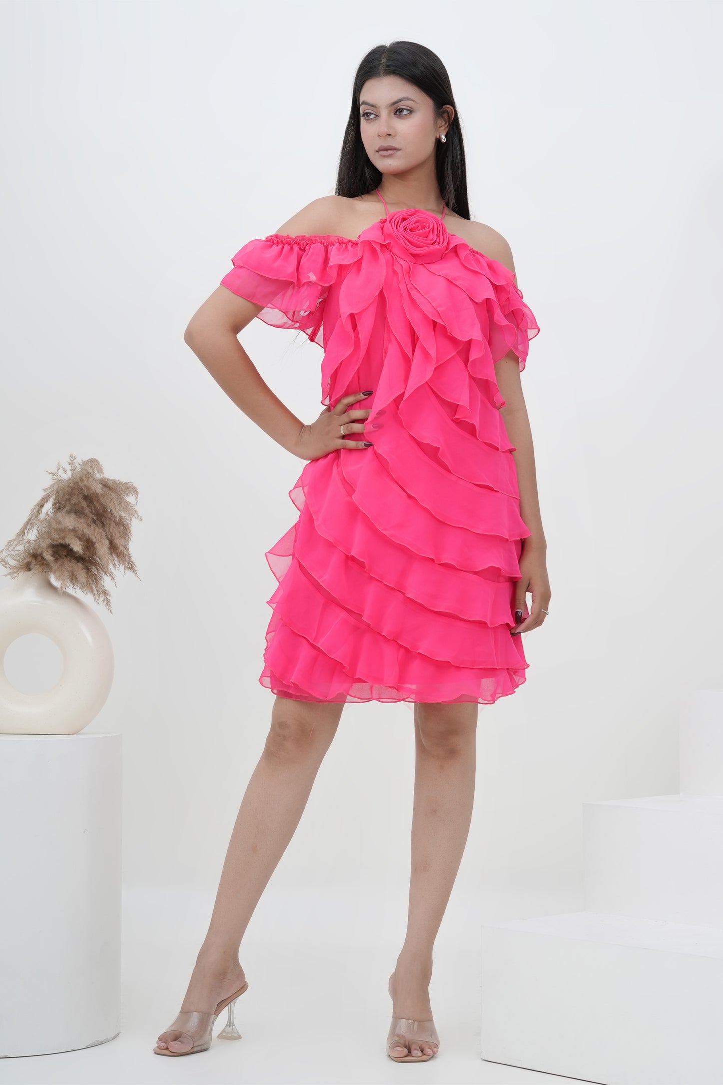 Hot Pink Ruffle Rose Off-Shoulder Dress