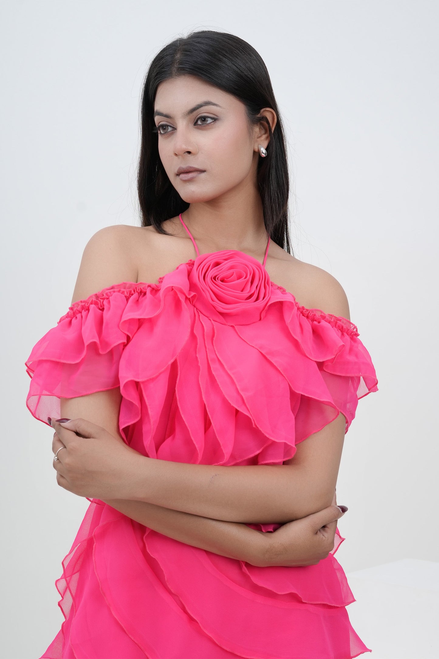 Hot Pink Ruffle Rose Off-Shoulder Dress