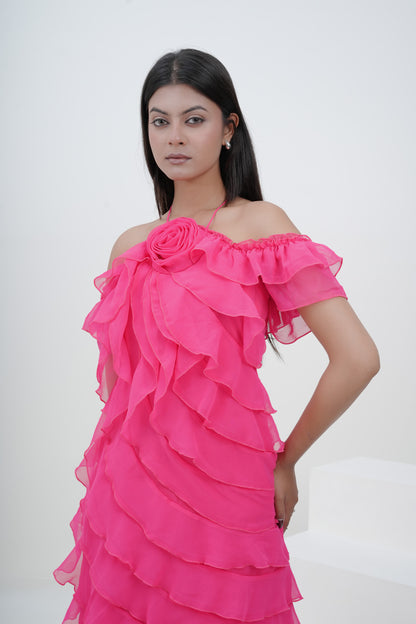 Hot Pink Ruffle Rose Off-Shoulder Dress