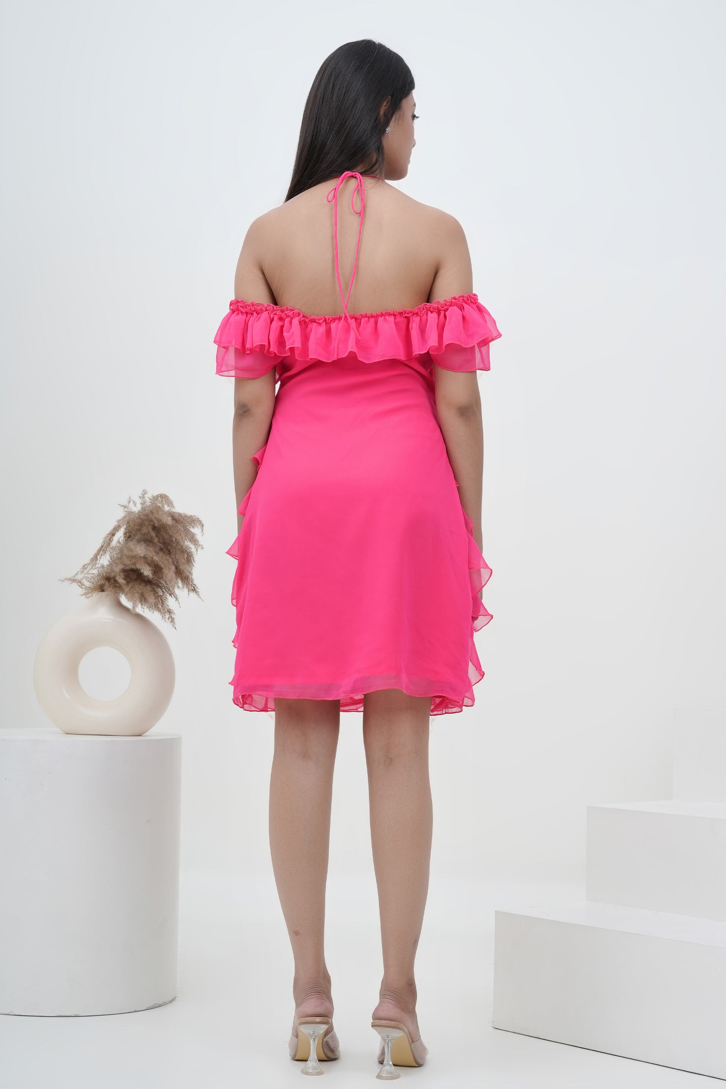 Hot Pink Ruffle Rose Off-Shoulder Dress