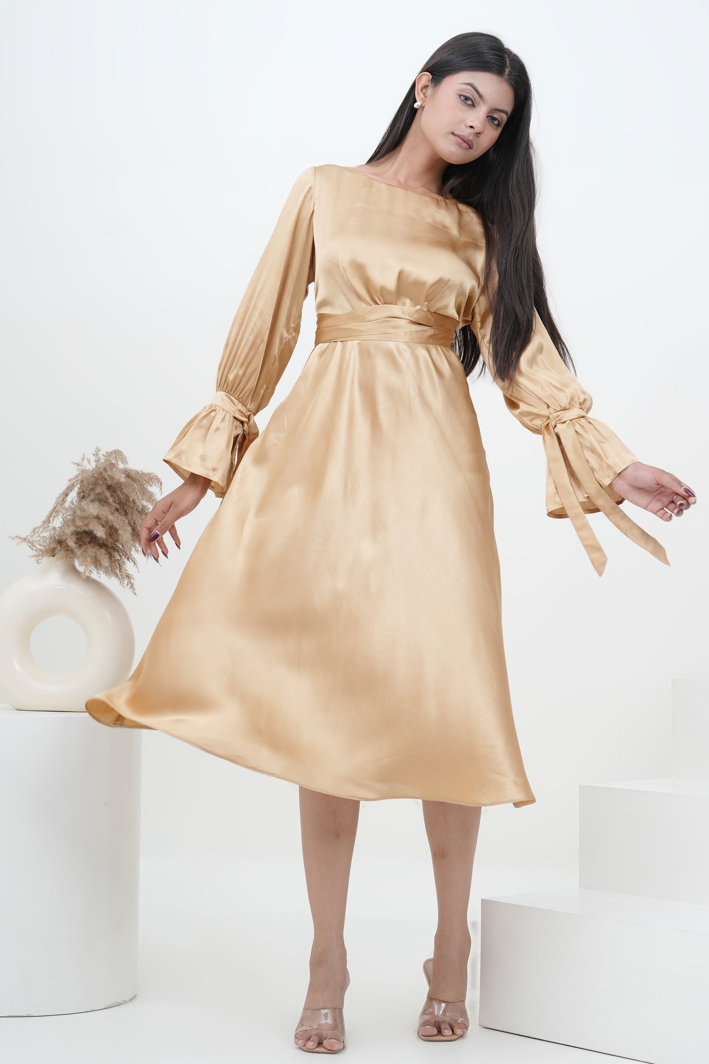 Champagne Muse Satin Midi Dress