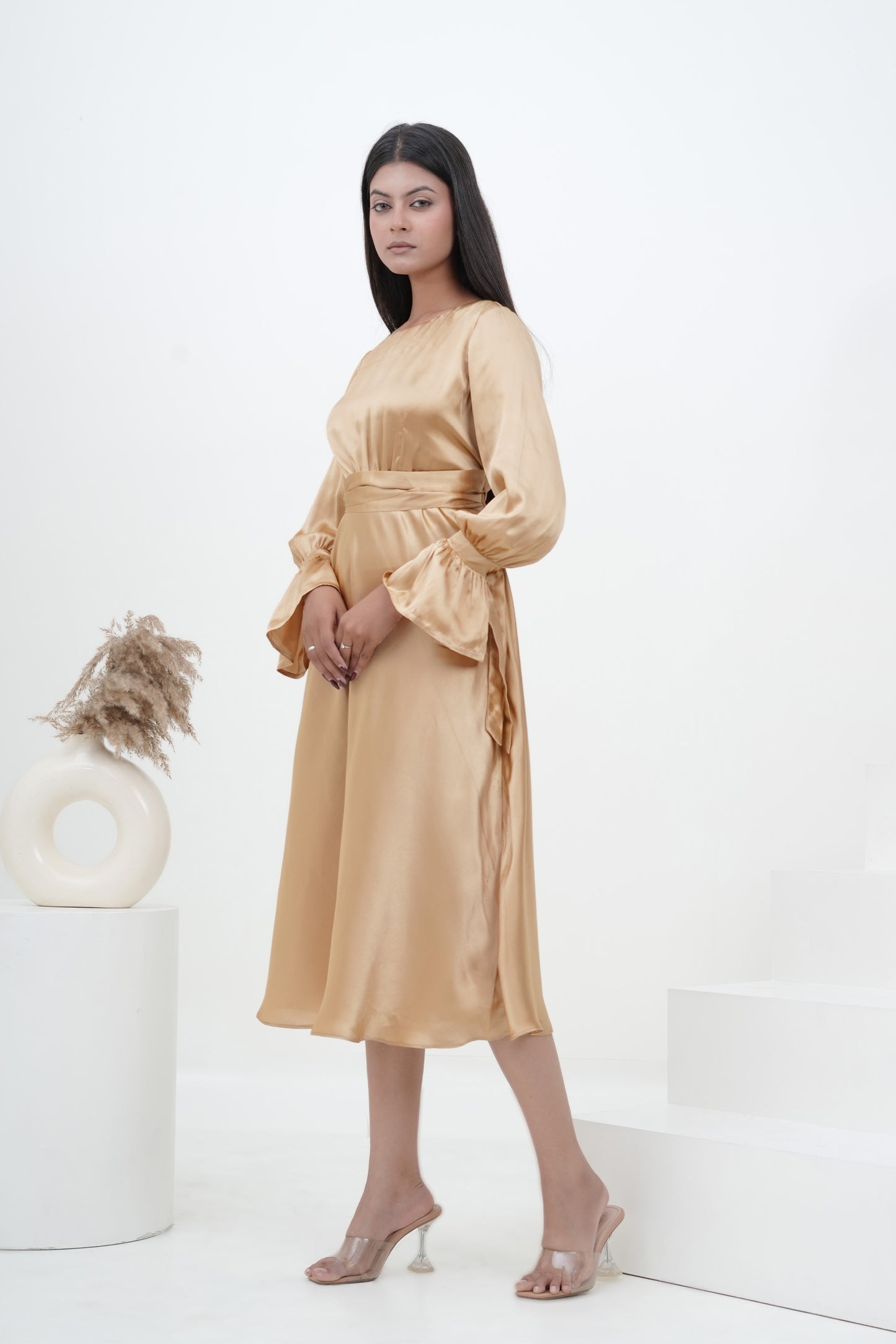 Champagne Muse Satin Midi Dress