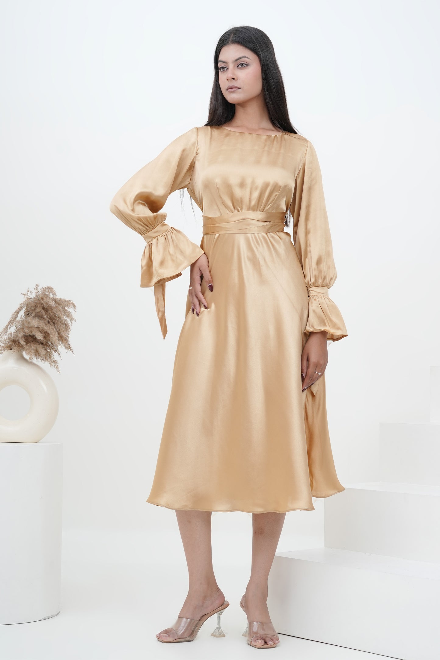 Champagne Muse Satin Midi Dress