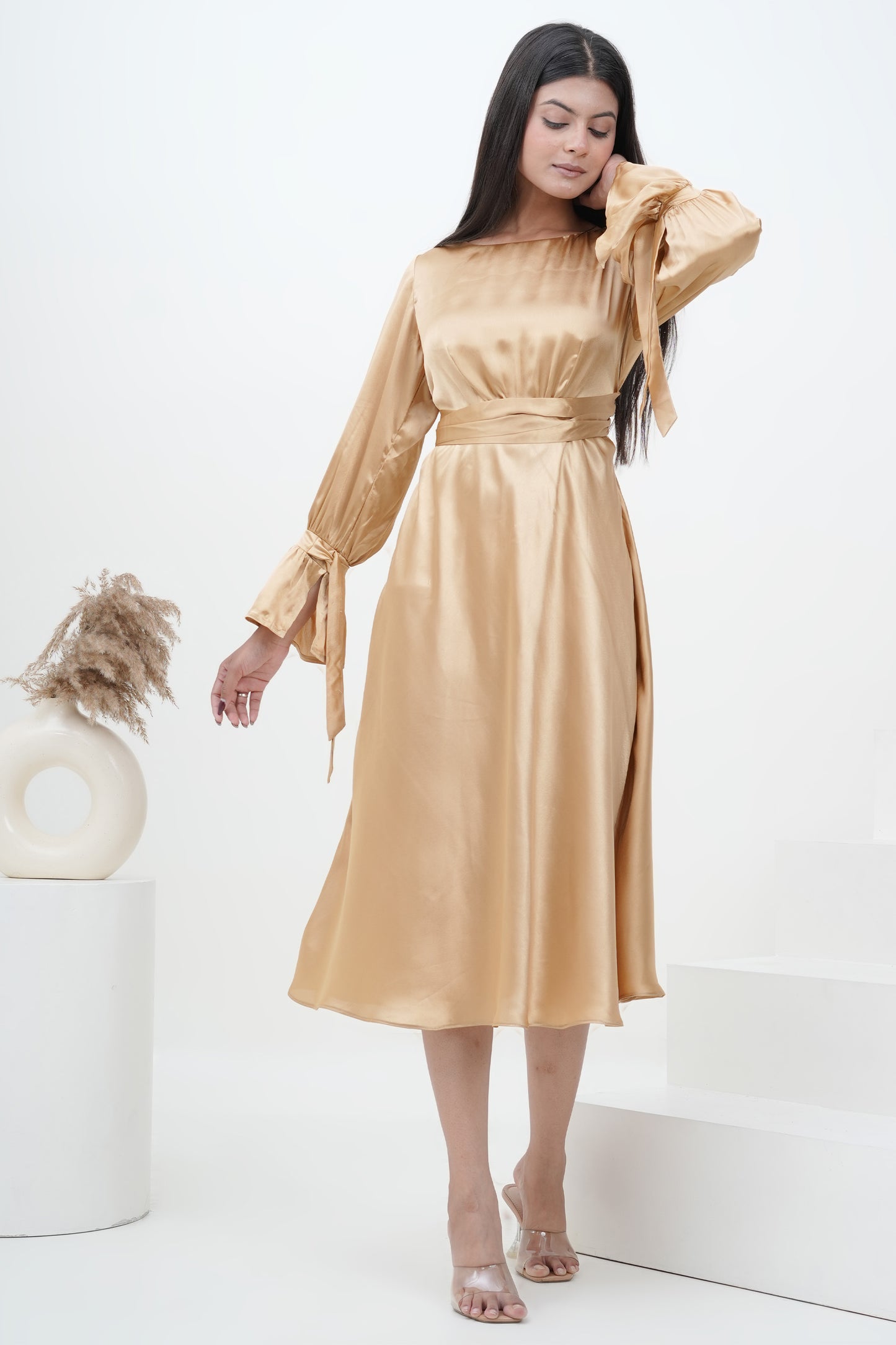 Champagne Muse Satin Midi Dress