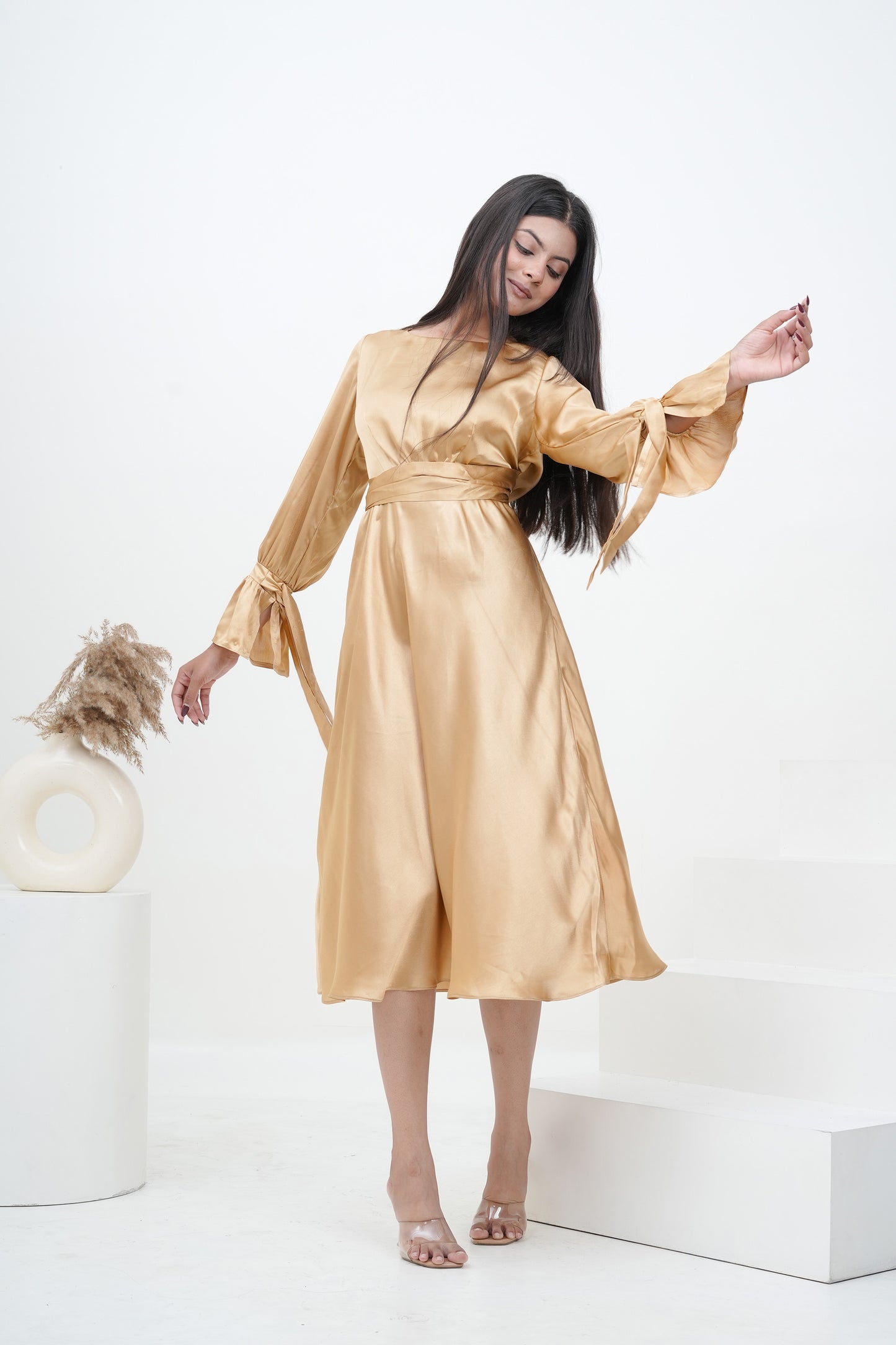 Champagne Muse Satin Midi Dress