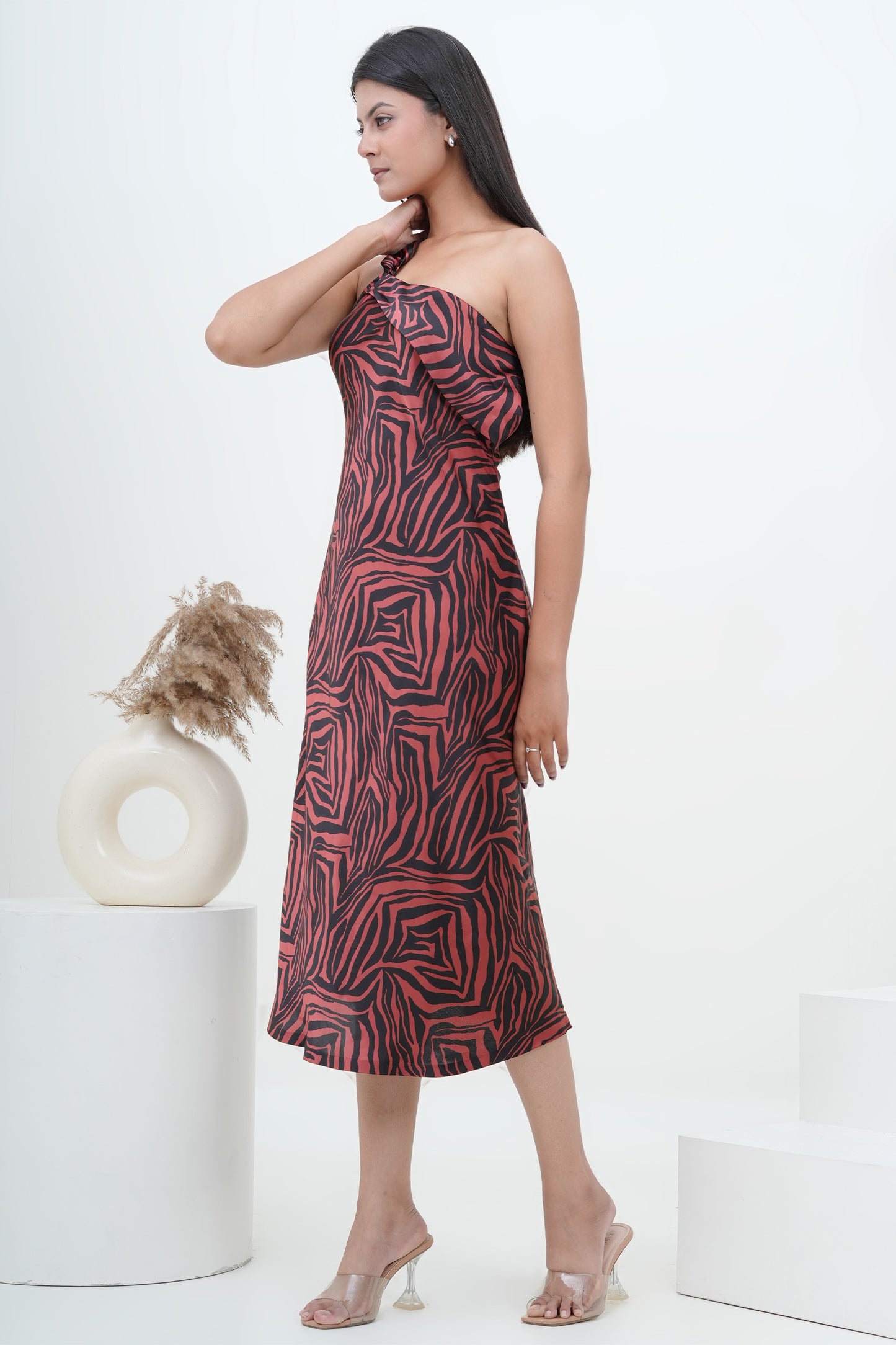Wild Elegance Satin Print One Shoulder Maxi Dress