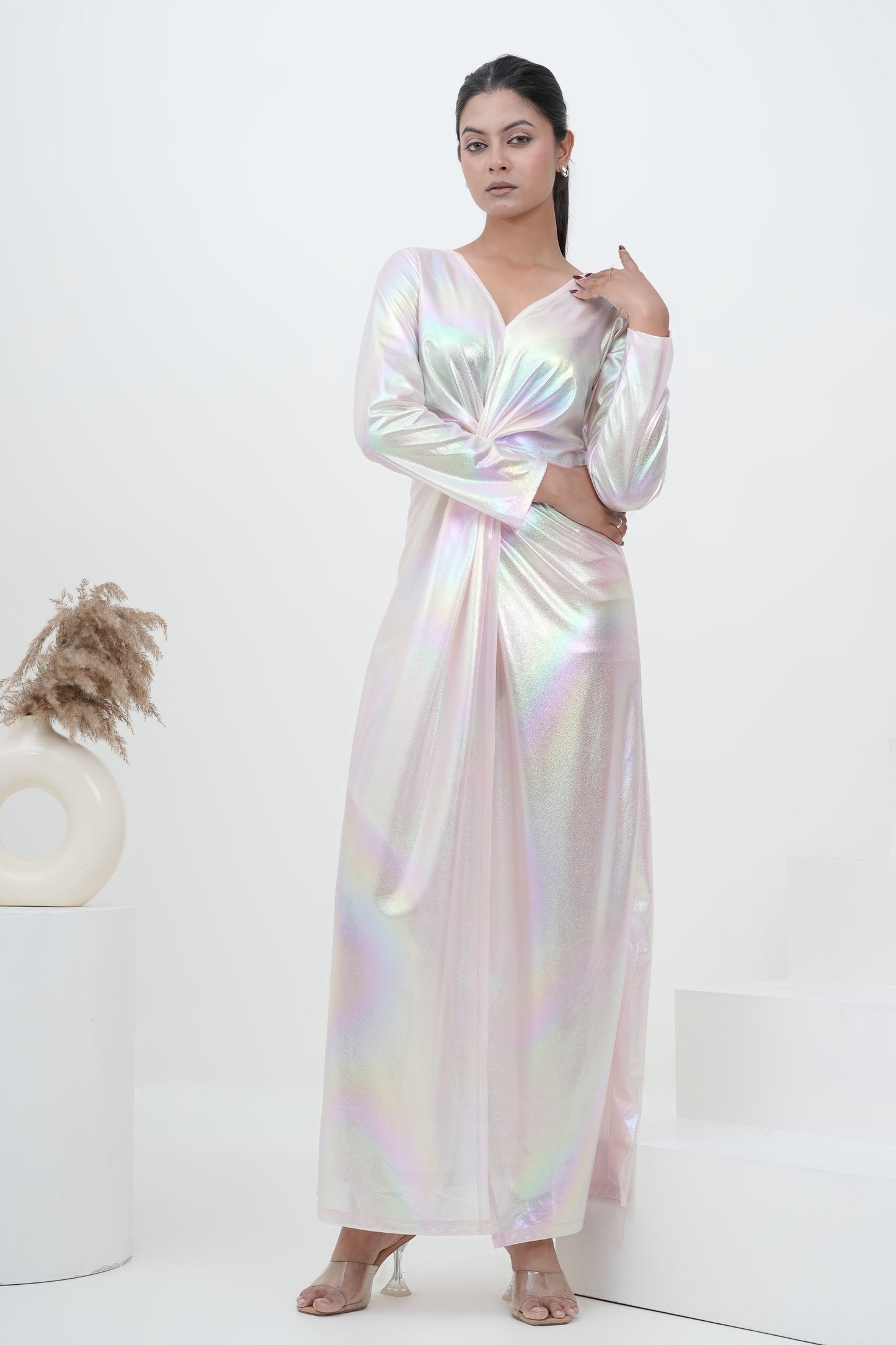 Iridescent Aurora Twist Knot Wrap Gown