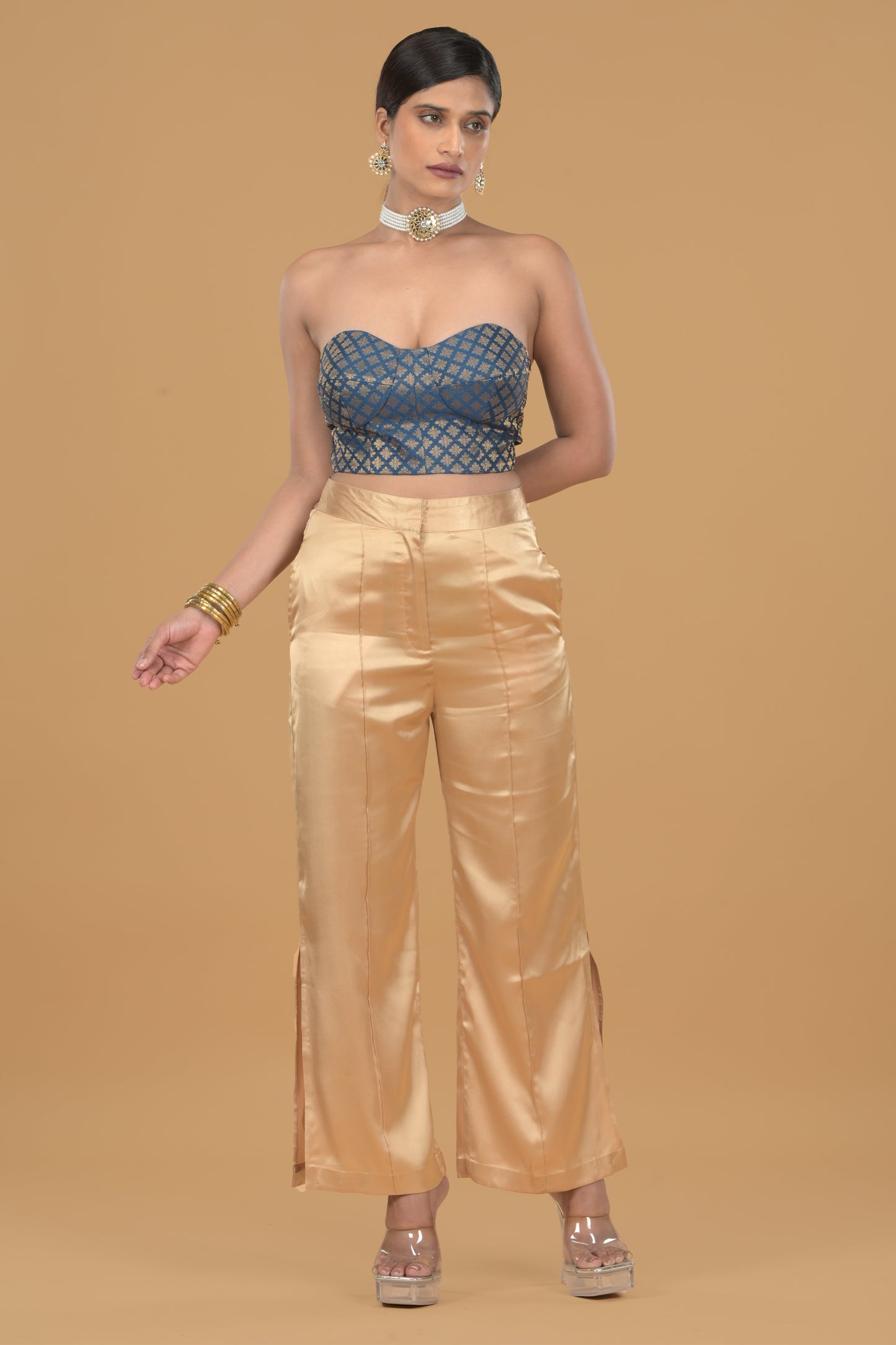 Brocade Corset Top With Satin Pants