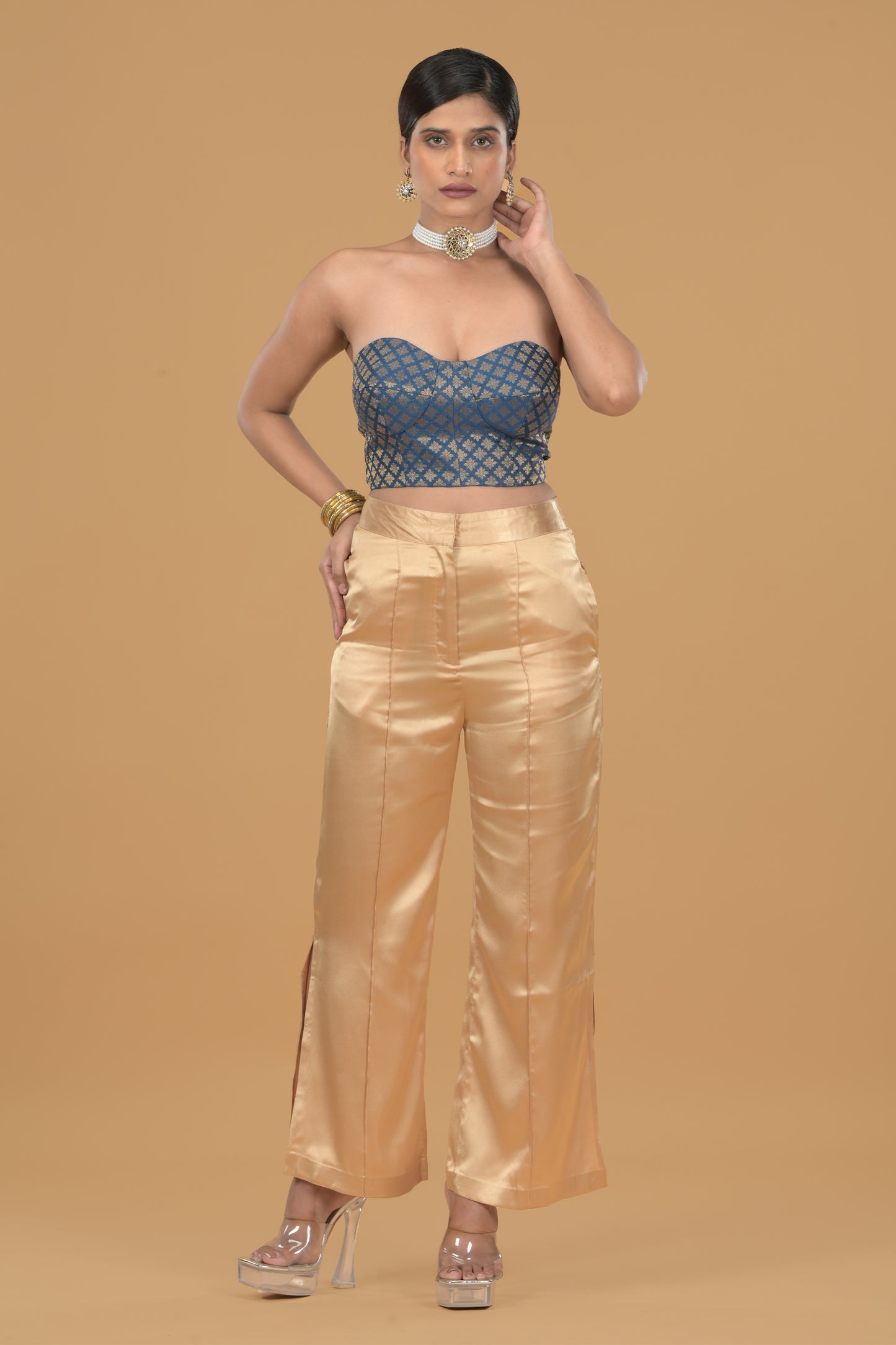 Brocade Corset Top With Satin Pants