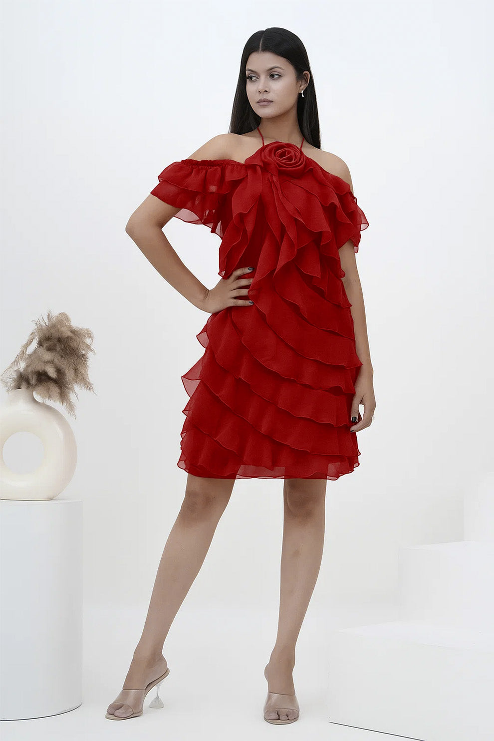 Hot Pink Ruffle Rose Off-Shoulder Dress