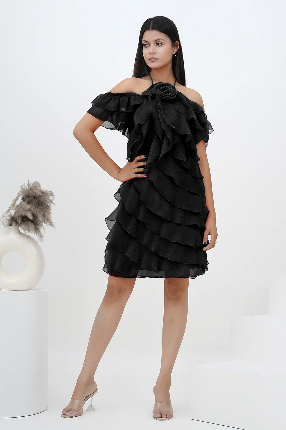 Hot Pink Ruffle Rose Off-Shoulder Dress